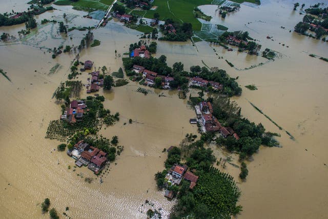 A photo released by Xinhua News Agency shows village houses and field partially submerged by flood waters in Gaoyang Town, Shayang County, central China's Hubei Province