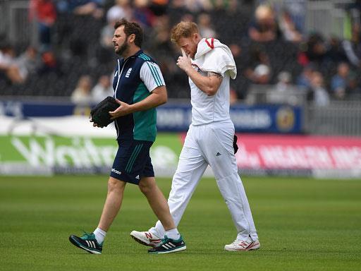 Ben Stokes walks off the field after suffering a calf injury in Manchester on Monday