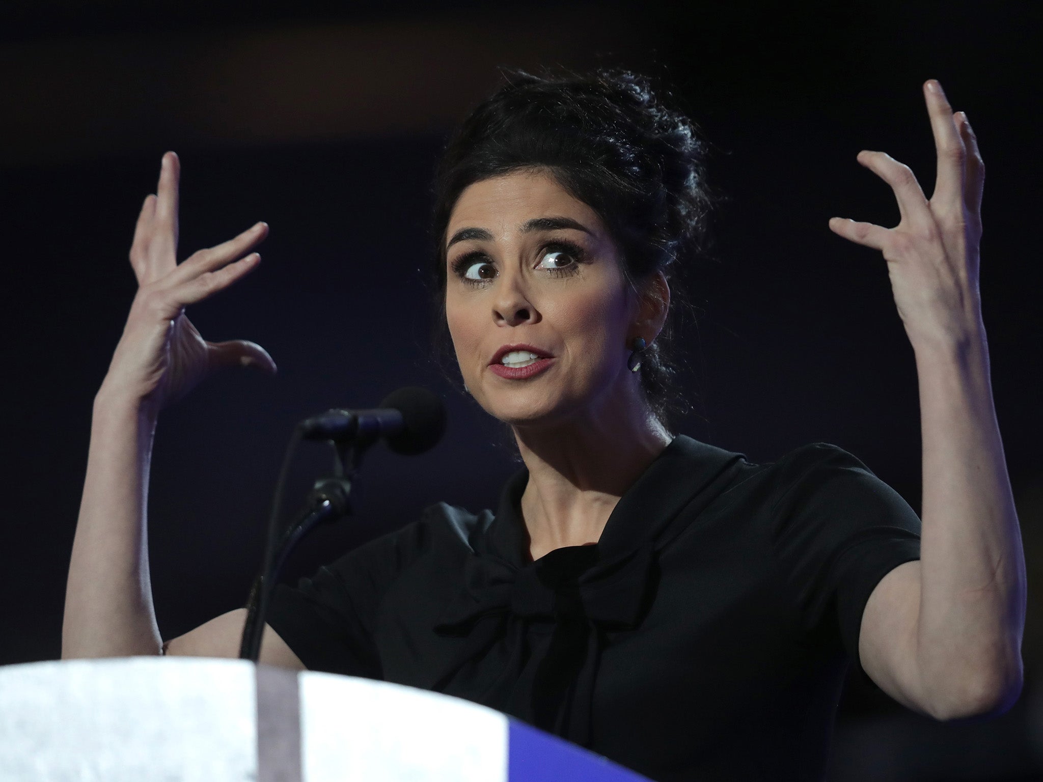 Comedian Sarah Silverman speaks during the first day of the Democratic National Convention in Philadelphia