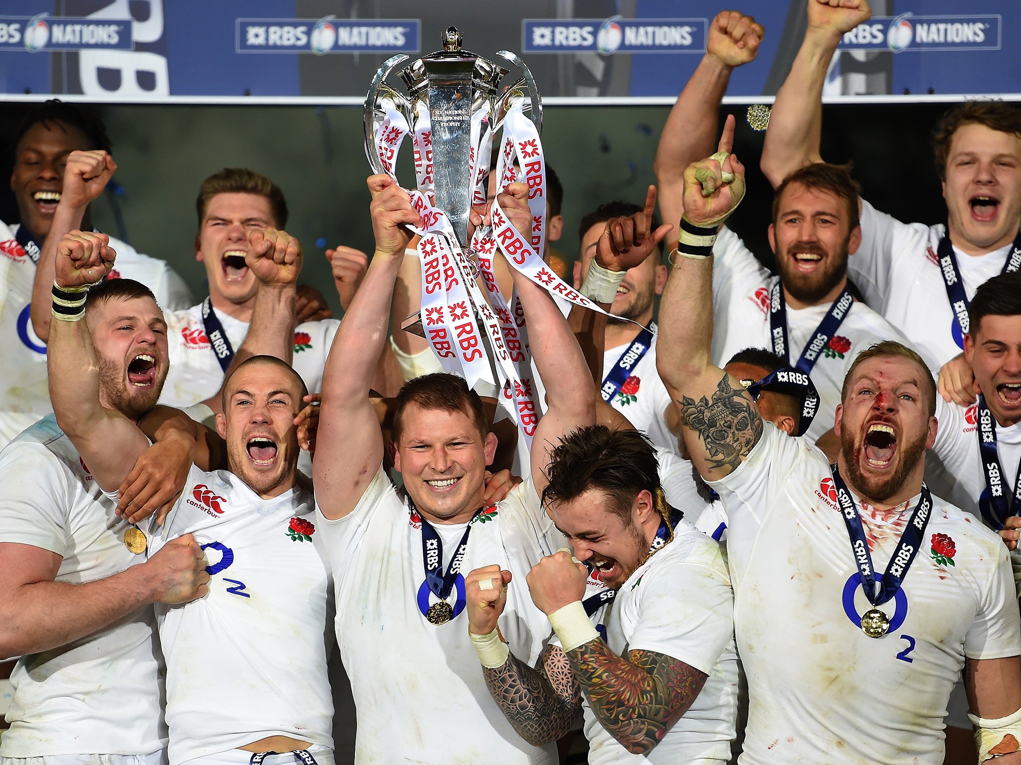 Dylan Hartley lifts the Six Nations trophy for England
