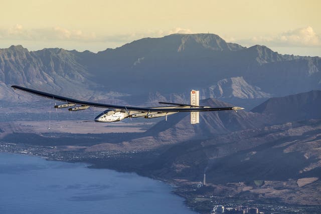 The Solar Impulse 2 plane is seen on a maintenance flight over Hawaii performed by the test pilot Markus Scherdel in a handout picture taken March 27, 2016, and released April 14, 2016