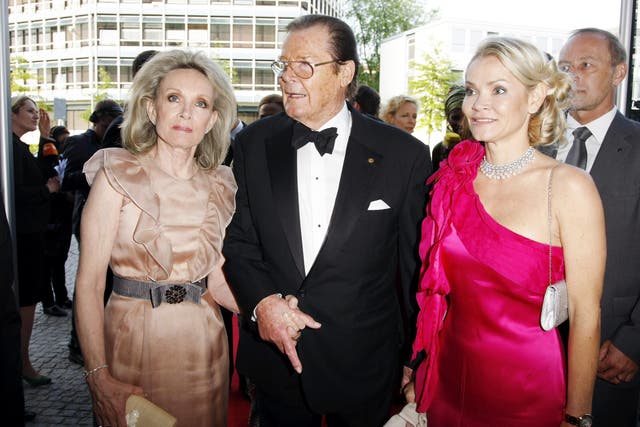 Actor Roger Moore and partner Kiki Tholstrup and her daughter Christina Knudsen