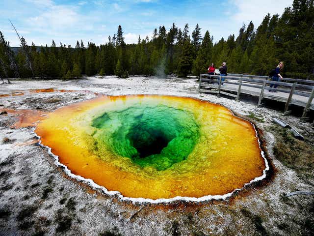 Tourists view the Morning Glory hot spring in the Upper Geyser Basin of Yellowstone National Park in Wyoming, on May 14, 2016. The distinctive colors of the hot spring is due to bacteria which survive in the hot water although its vivid color has changed from its original blue to yellow and green after an accumulation of coins and debris thrown by tourists