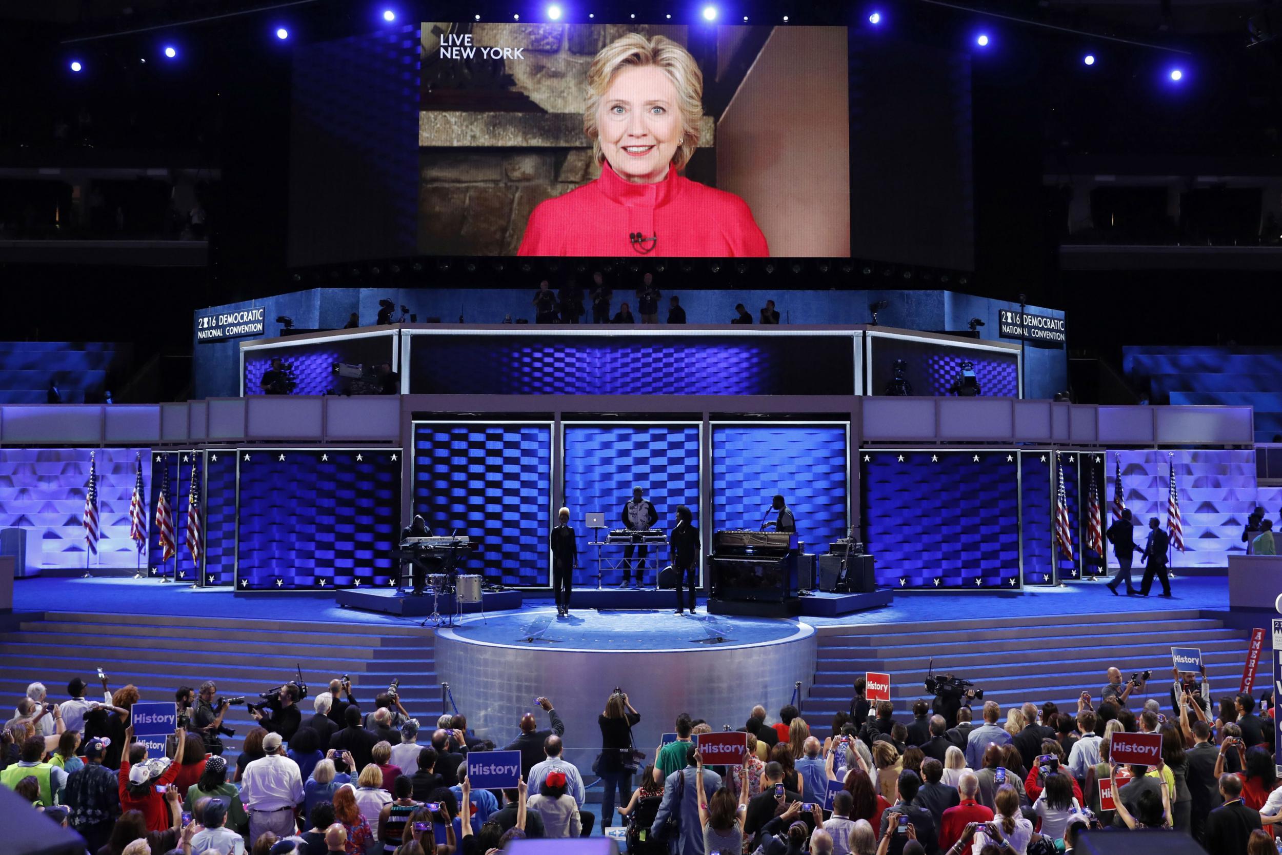 Hillary Clinton crashes the party by video link