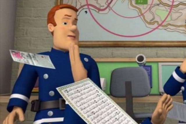 The scene in 'Fireman Sam' that reveals he has slipped on a page from the Qu'ran, left on the floor