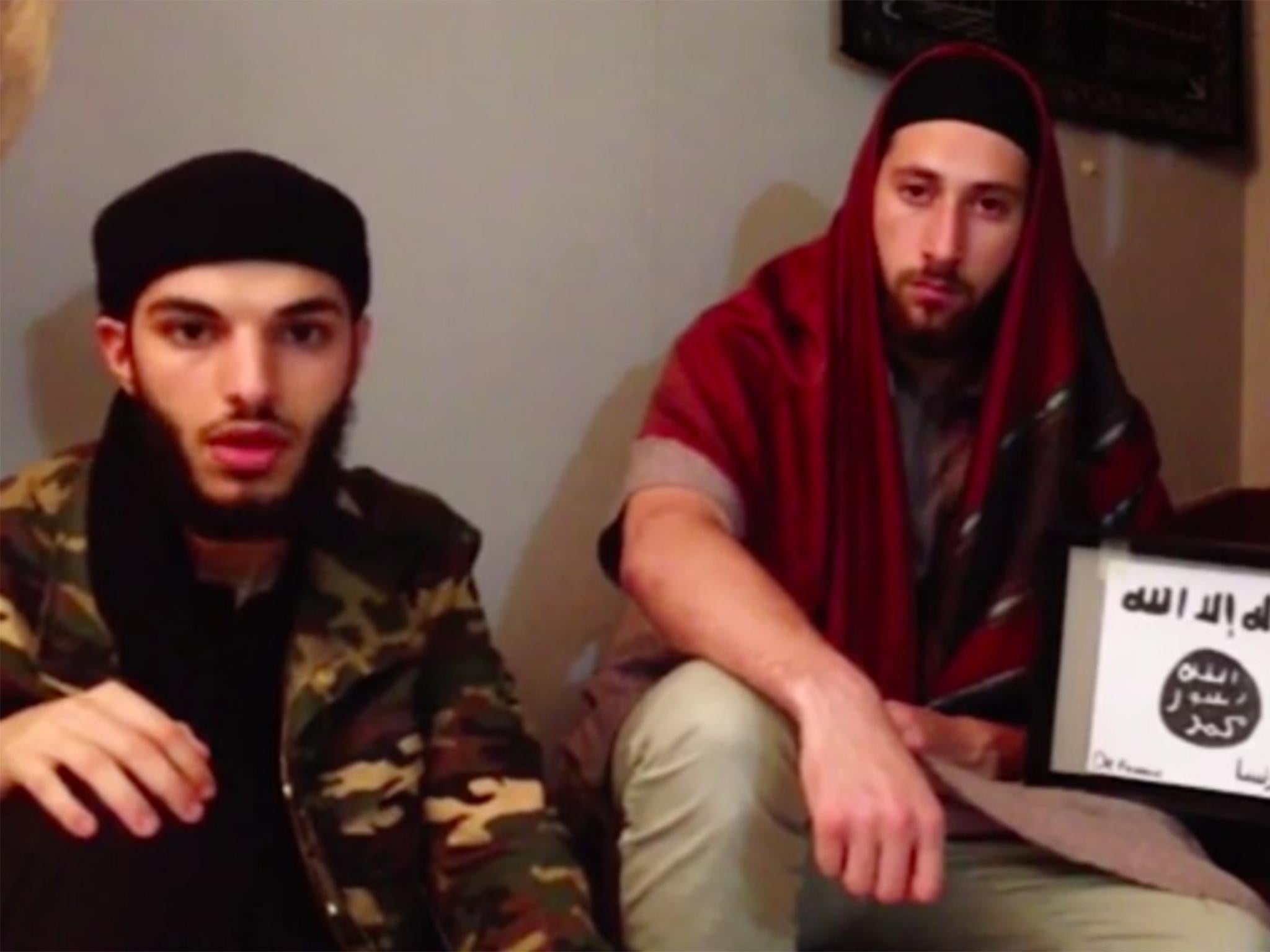 Adel Kermiche, left, with another man, in a still from a video published by the Isis propganda agency Amaq, in which it is claimed the pair pledged allegiance to the group