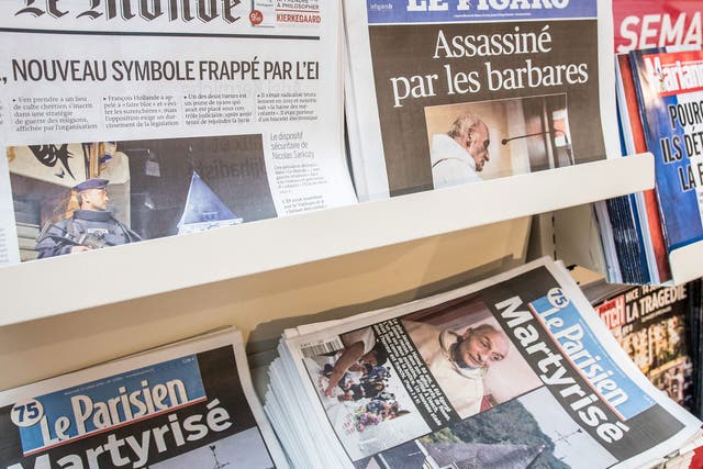 French newspaper front pages on the Normandy church attack on 27 July 2016