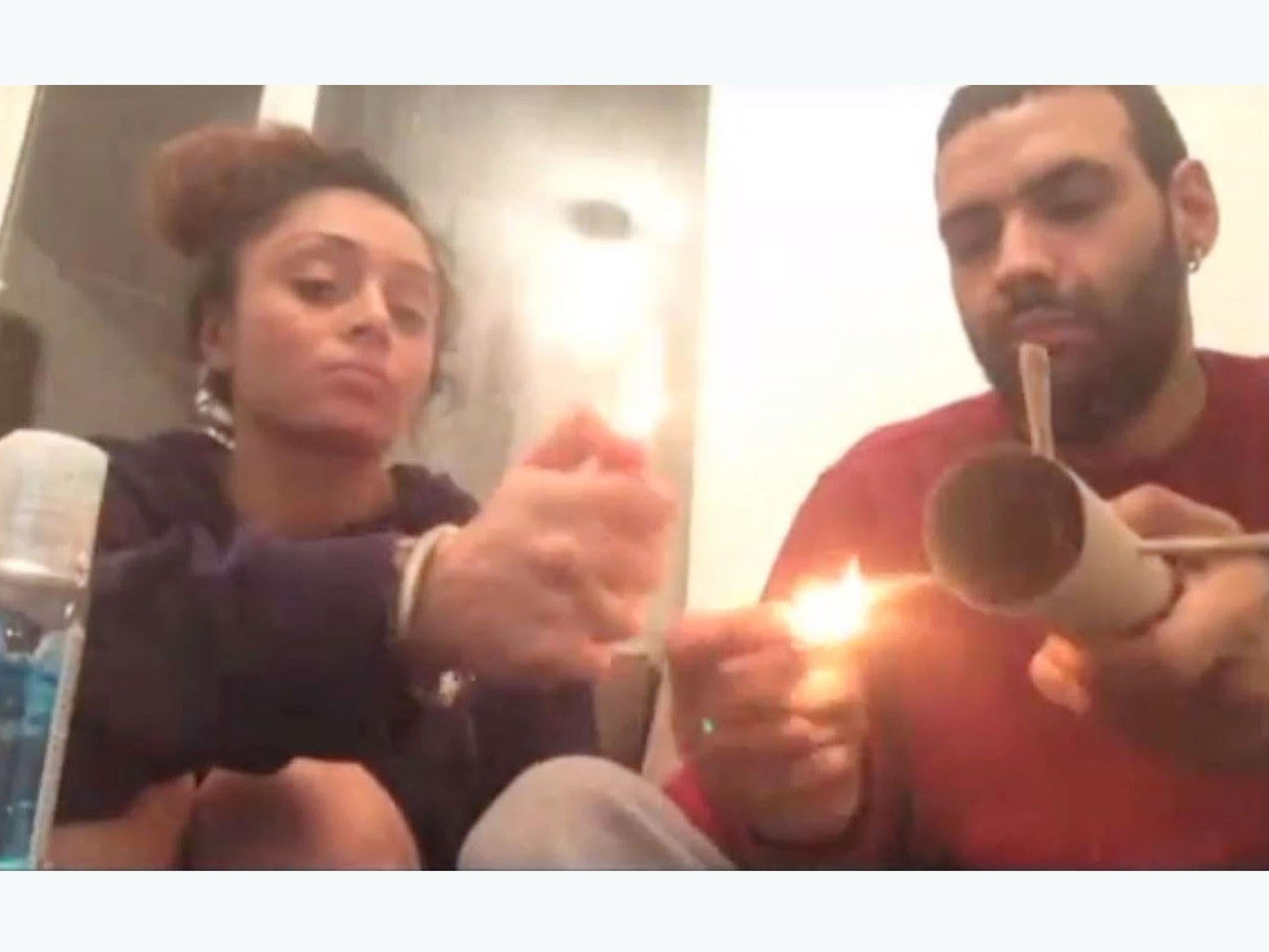 Hardeep Hunjan and Ronnie Tayler-Morrison using a device to smoke three joints at once