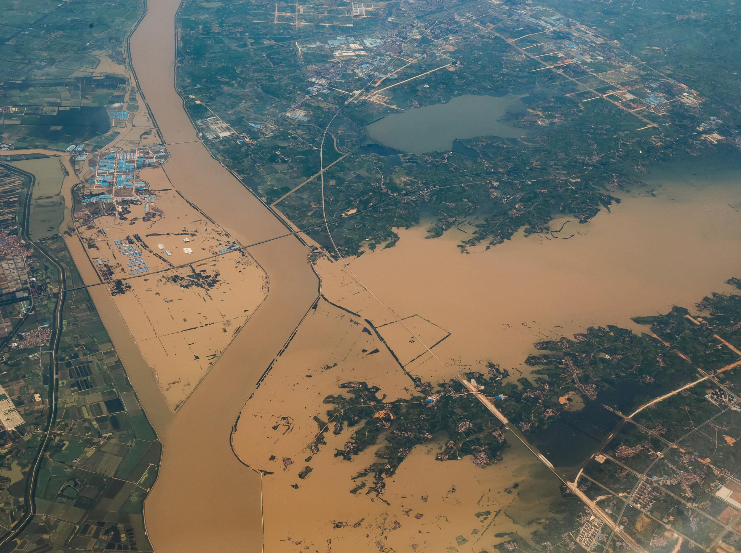 An aerial view of a flooded area in Xiaogan, Hubei province, China on 24 July