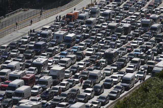  Lines of traffic queue to enter the port of Dover on Sunday