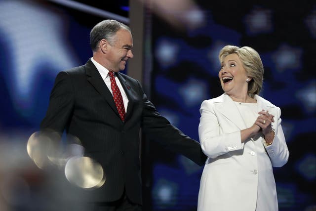 Ms Clinton was joined on stage by her running mate Tim Kaine