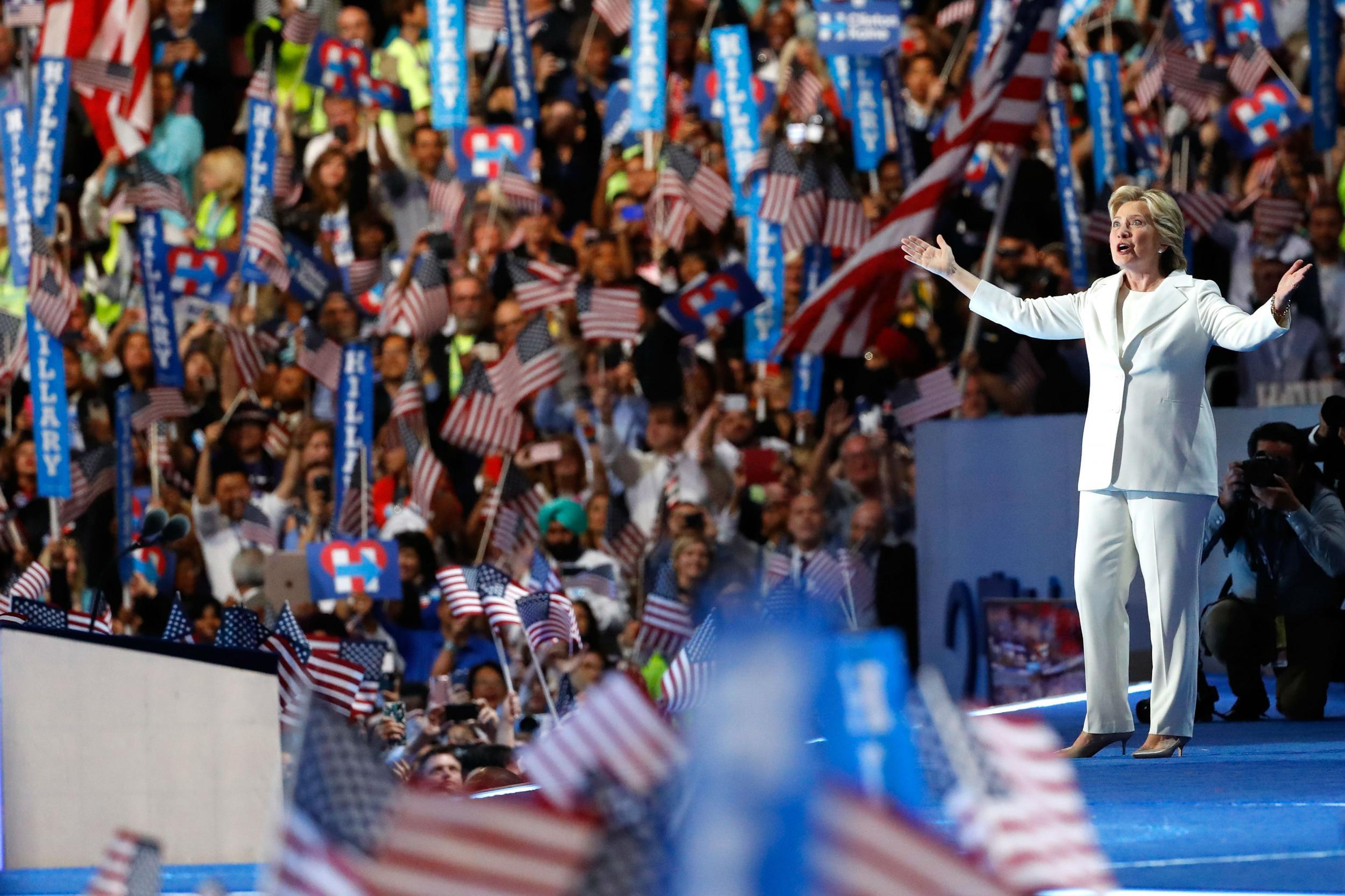 &#13;
Her moment arrives: Hillary greets delegates in Philadelphia &#13;