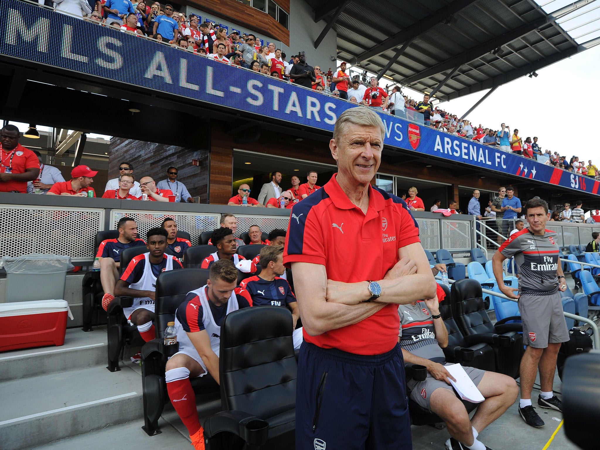 Arsene Wenger looks on in relaxed mood at the Avaya Stadium