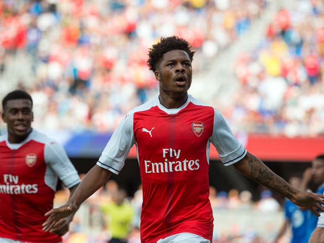 Chuba Akpom celebrates after scoring the winning goal for Arsenal against the MLS All-Stars