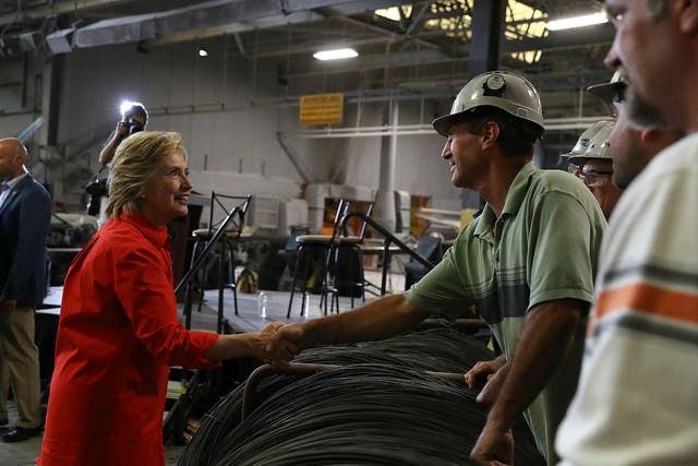 Hillary Clinton meets steelworkers on the campaign trail in Pennsylvania on Saturday