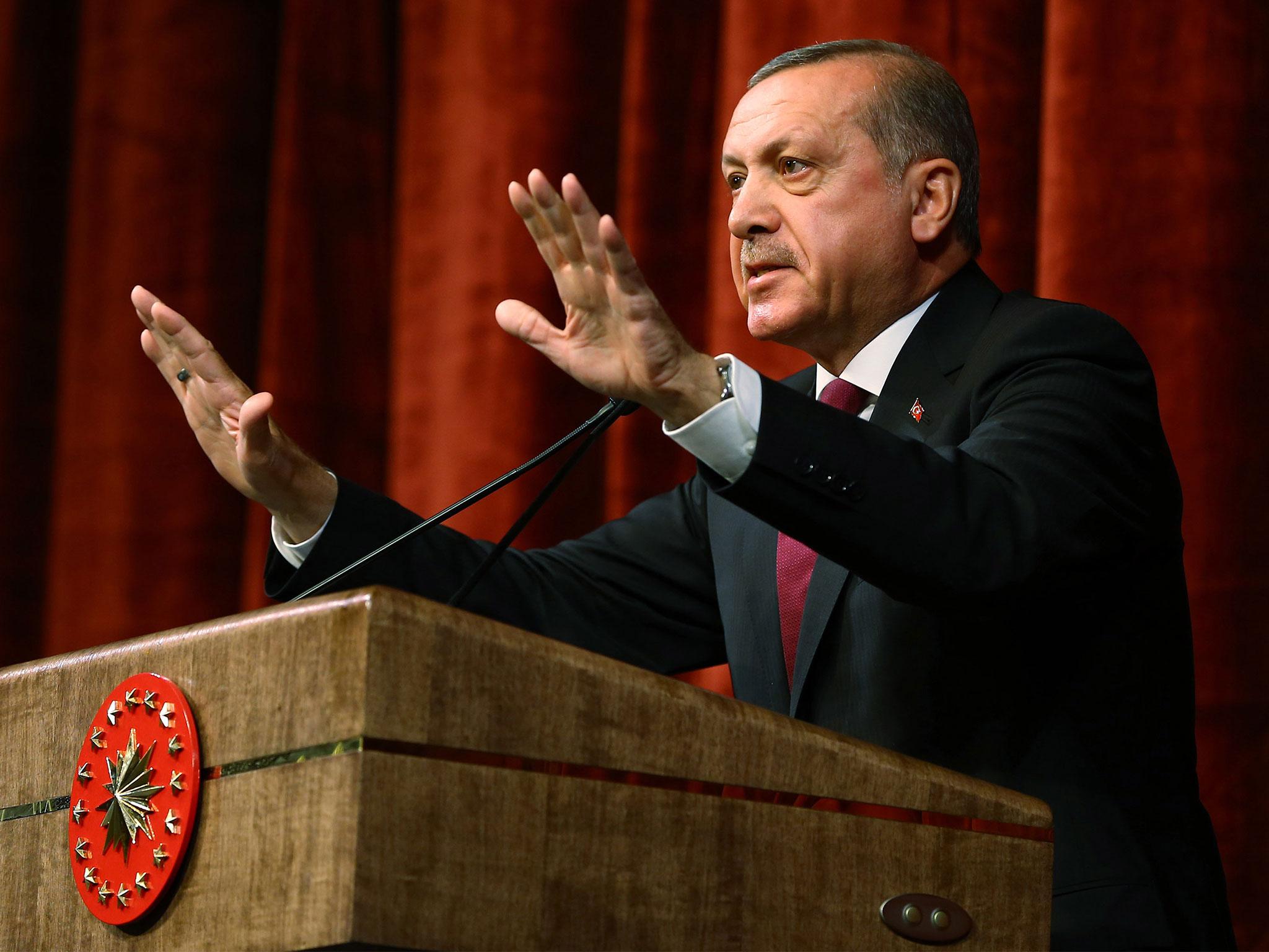 President Recep Tayyip Erdogan delivers a speech commenting on those killed and wounded during the failed July 15 military coup