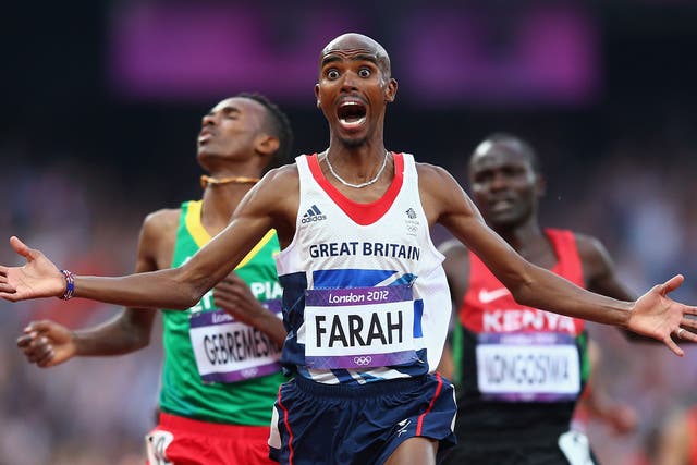 Farah crossing the line to win the 5,000m in 2012