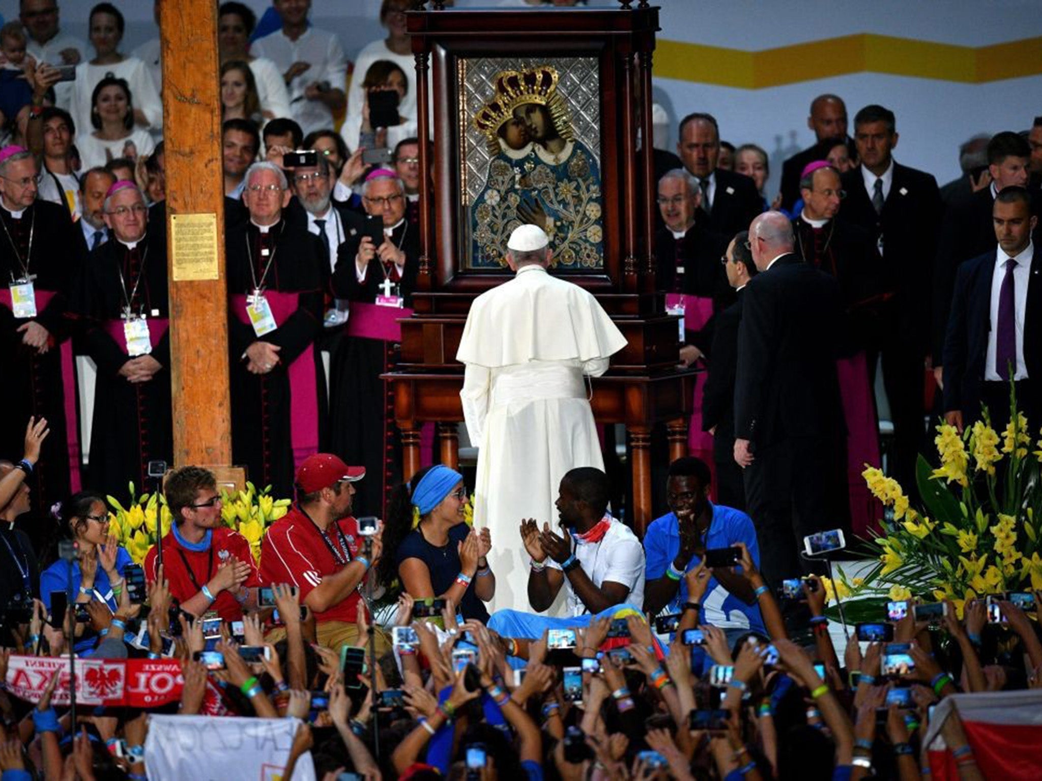 Pope Francis meets worshippers during his trip to Krakow in Poland