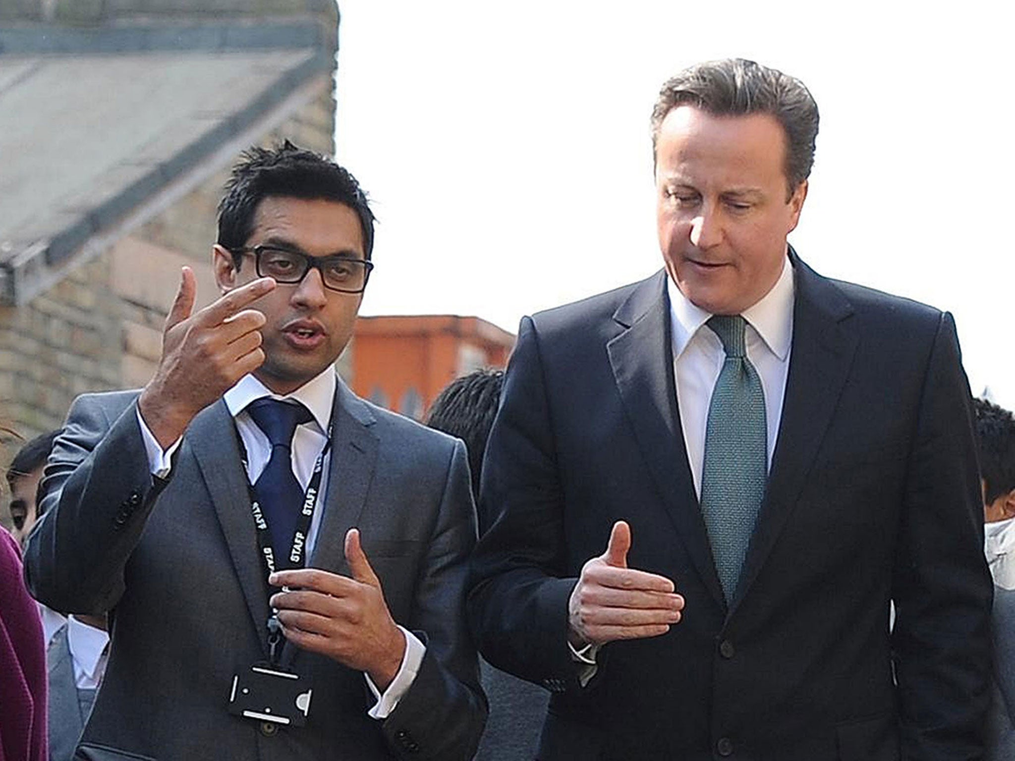 Former Prime Minister David Cameron meeting headteacher Sajid Hussain from Kings Science Academy, Bradford