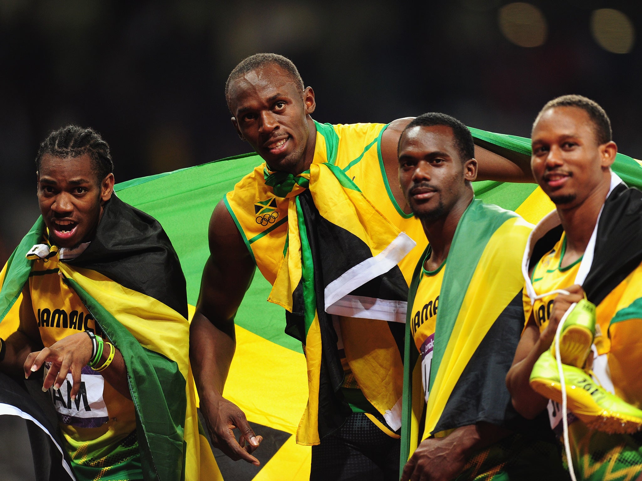Jamaica's men's relay team celebrates victory at London 2012