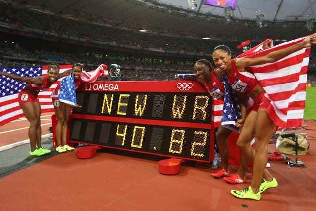 The United States' women's 100m relay team celebrate their world record at London 2012