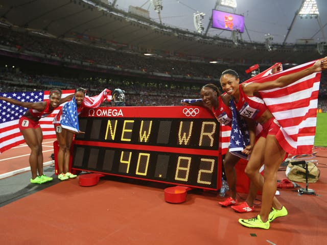 The United States' women's 100m relay team celebrate their world record at London 2012
