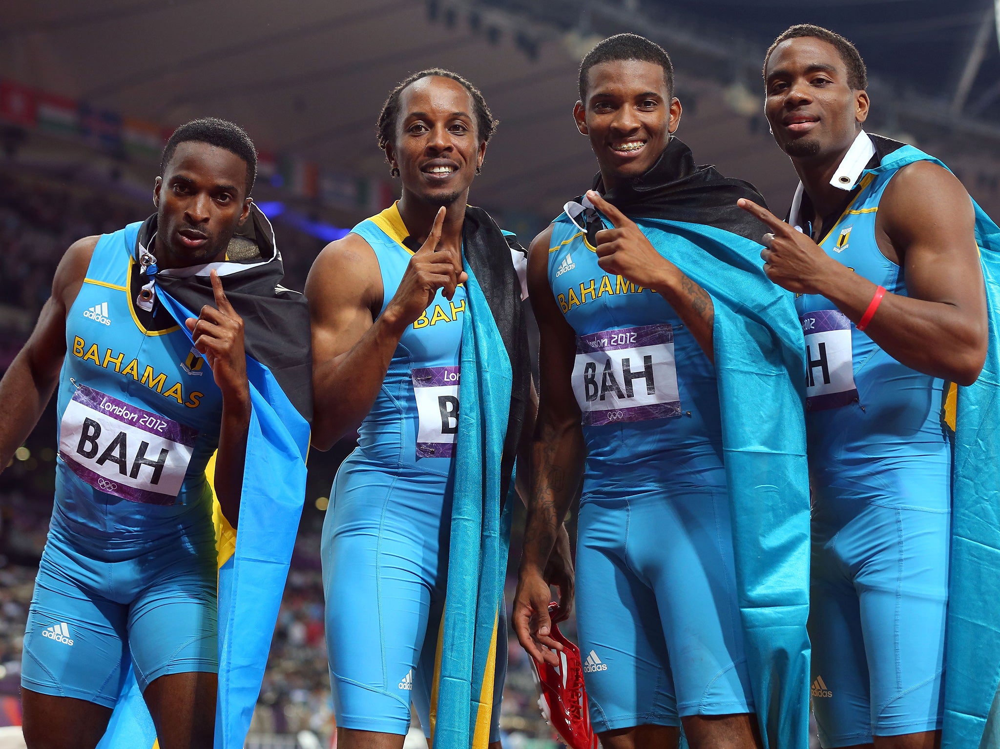 The Bahamas men's relay team celebrate victory at London 2012