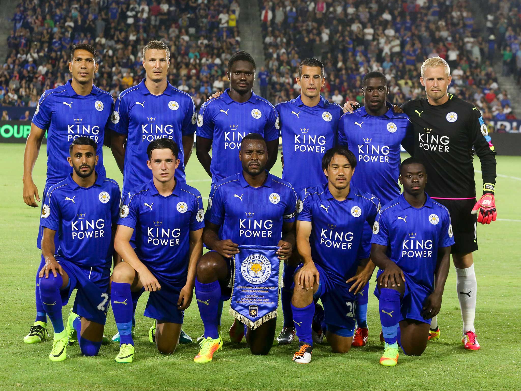 Leicester City line-up before the match against Paris Saint-Germain in Los Angeles
