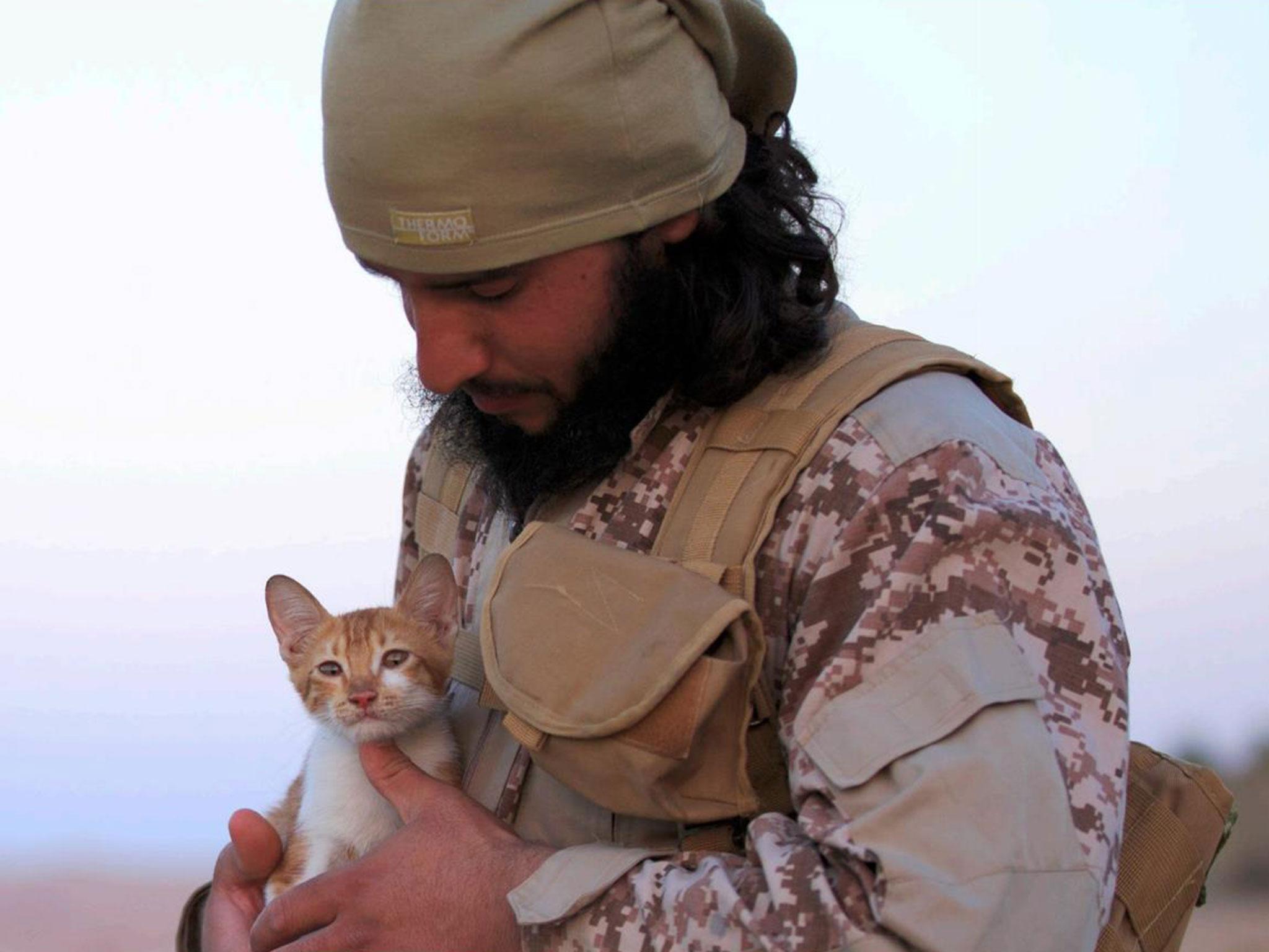 An image of a militant with a kitten from the 15th issue of Isis' Dabiq propaganda magazine