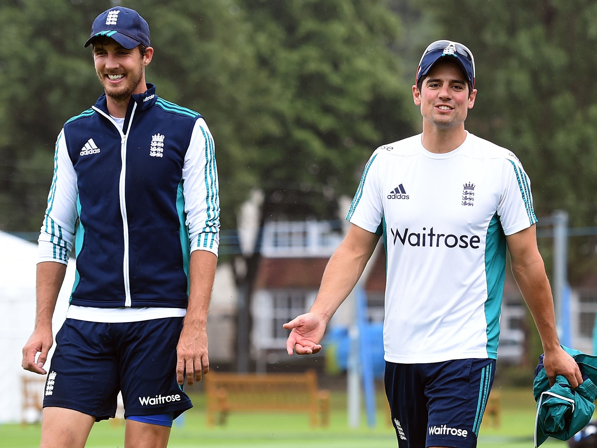 Steve Finn and Alastair Cook share a joke ahead of England nets