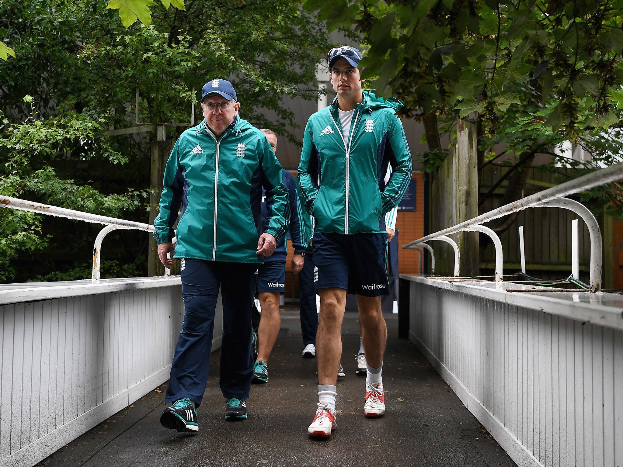 England captain Alastair Cook and coach Trevor Bayliss arrive for a nets session at Edgbaston on Tuesday