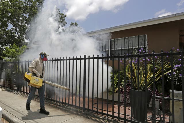 A mosquito control worker sprays around a home in the Wynwood area of Miami, where 14 cases of Zika have been recorded. Pregnant women have been warned to stay away