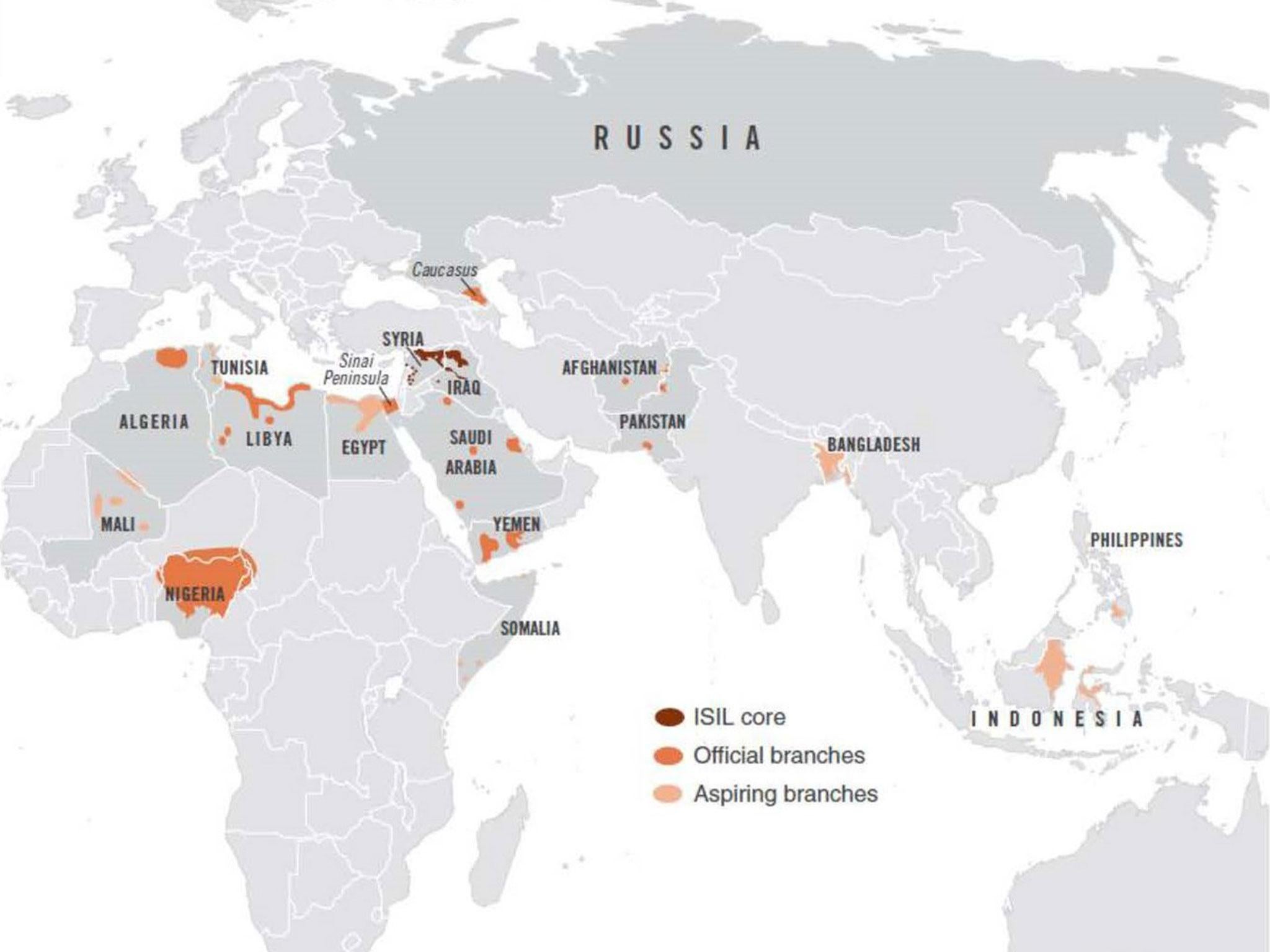 Counterterrorism heat map shows active Isis branches in 18 countries