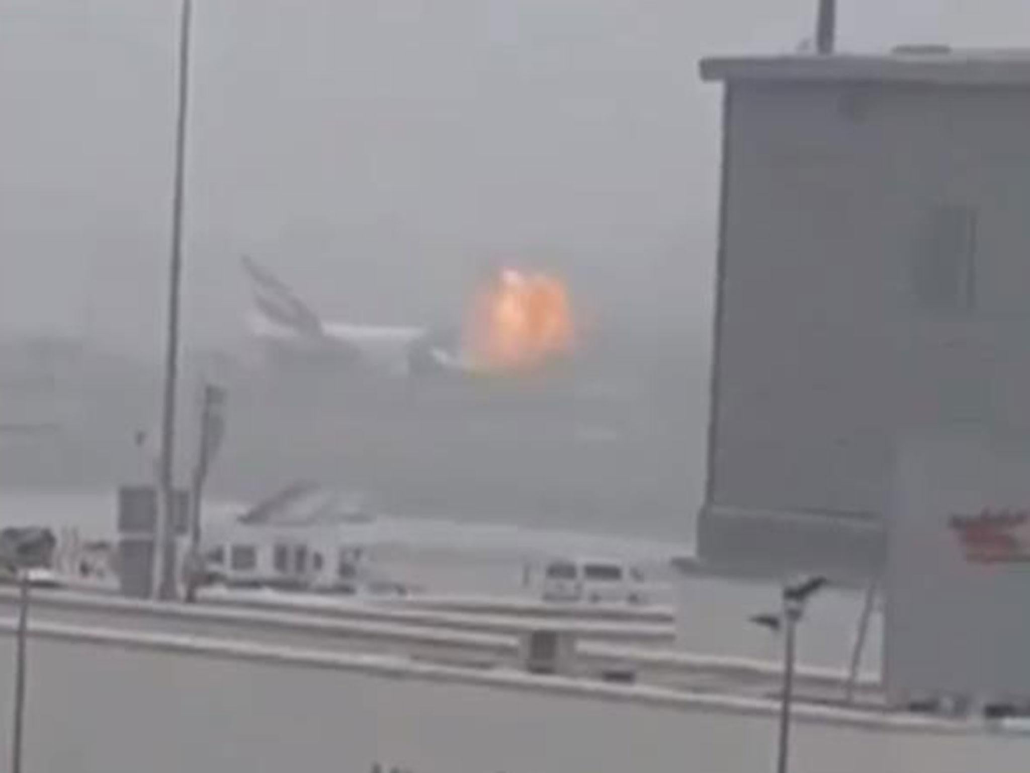 Footage showed a fireball bursting from the plane after it crash landed at Dubai International Airport