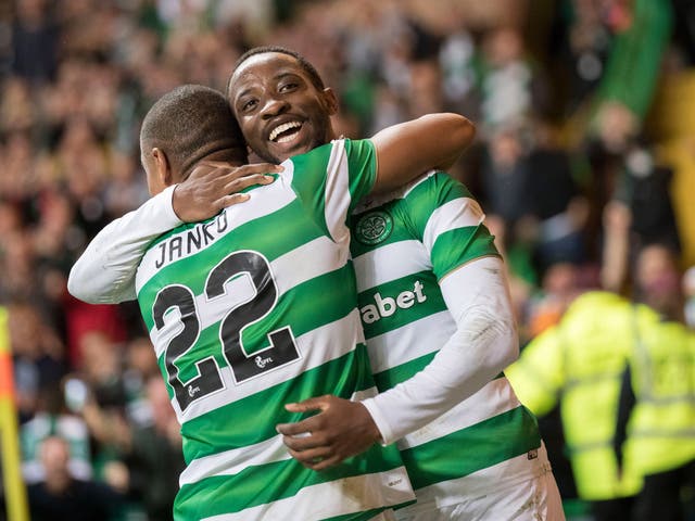 Moussa Dembele celebrates after securing a 2-1 victory for Celtic over Astana