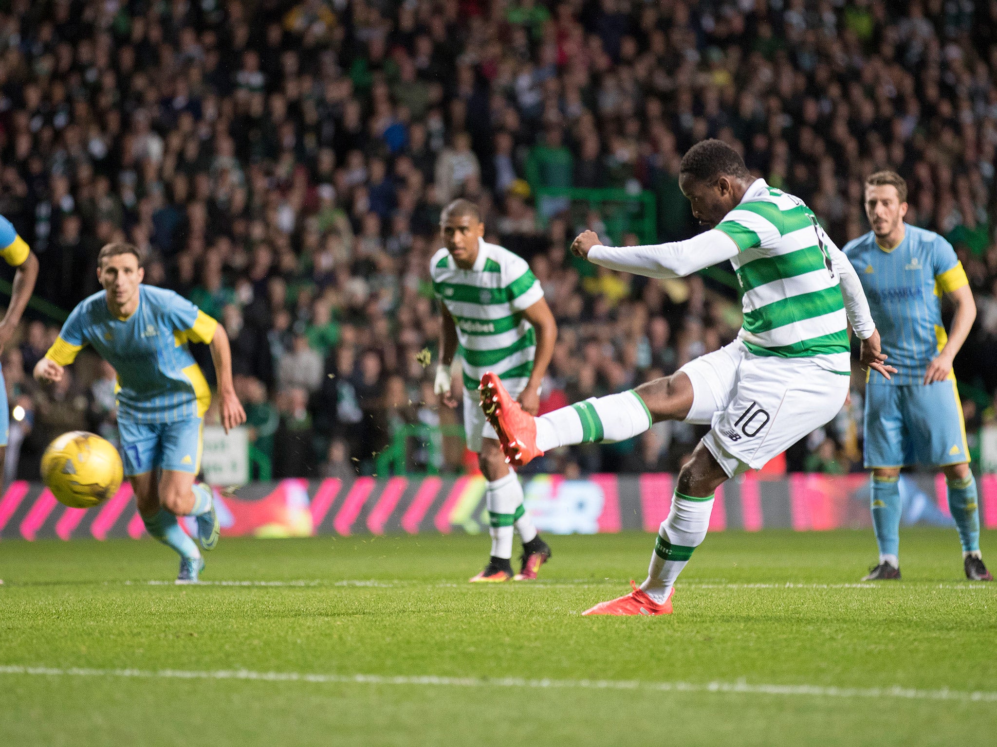 Moussa Dembele strikes the match-winning penalty for Celtic