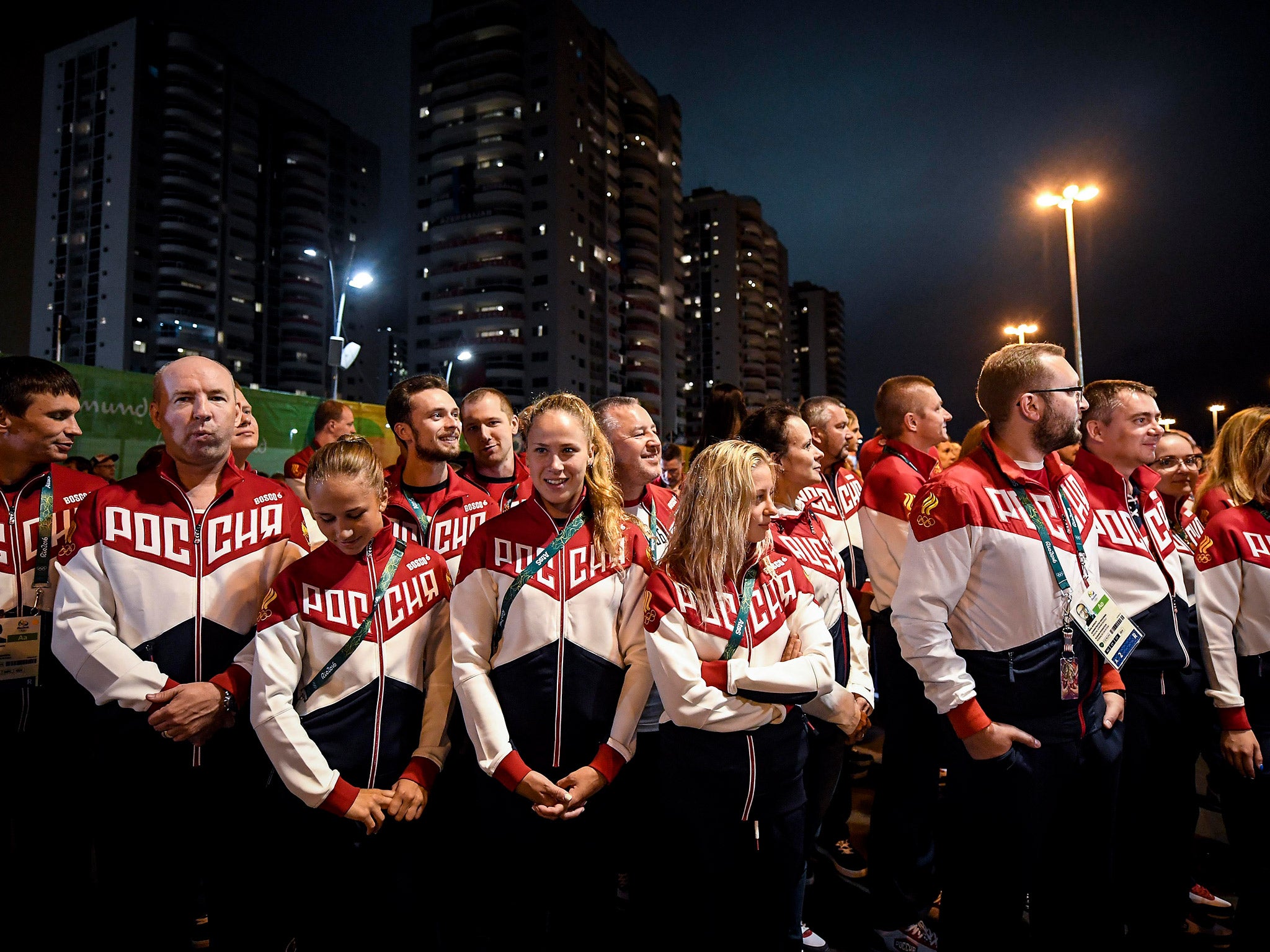 Russian athletes attend their official welcome ceremony to Rio de Janeiro