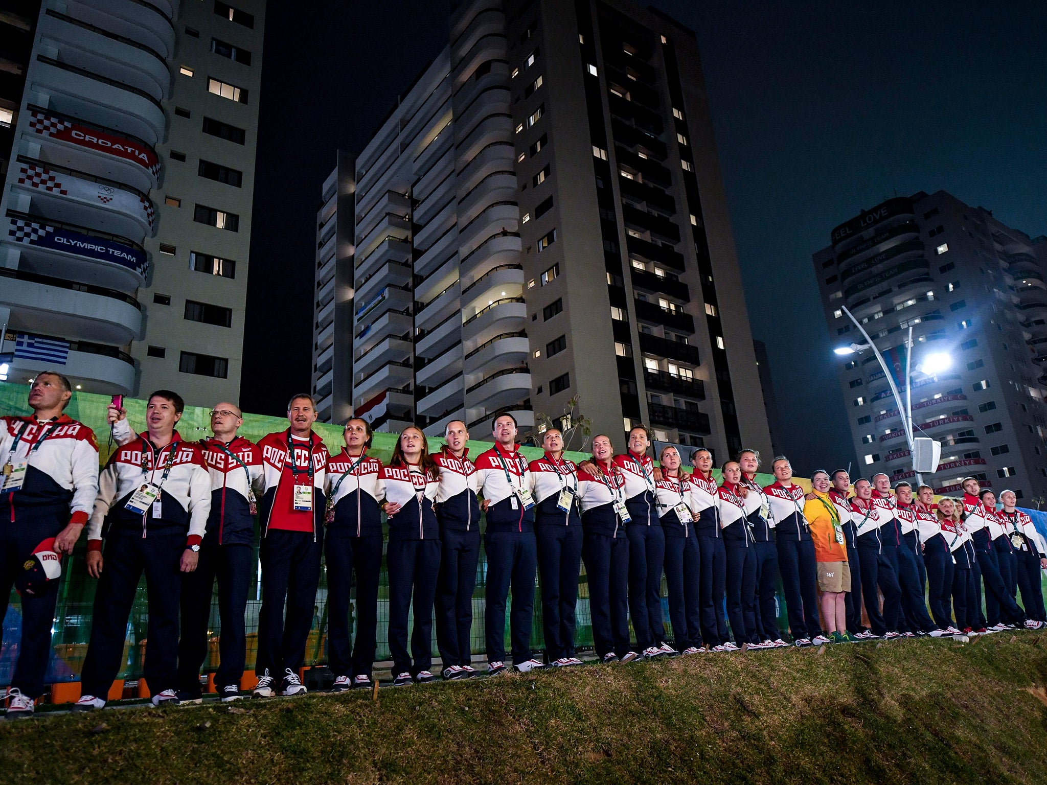 Russian athletes attend their official welcome ceremony to Rio de Janeiro