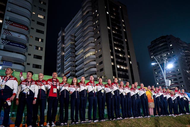 Russian athletes attend their official welcome ceremony to Rio de Janeiro