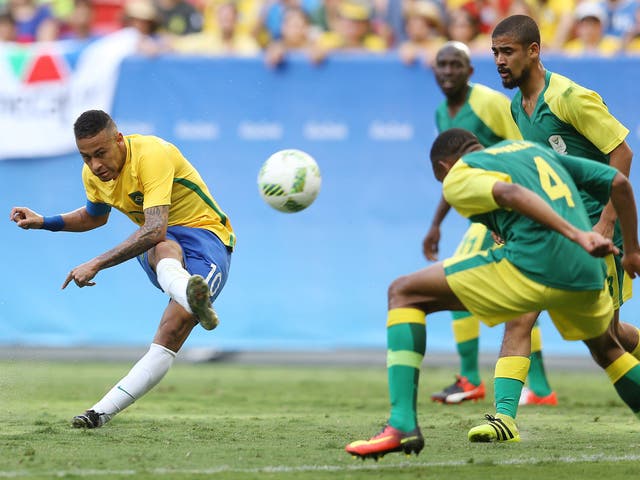 Neymar has an unsuccessful effort on goal during Brazil's 0-0 Olympic draw with South Africa
