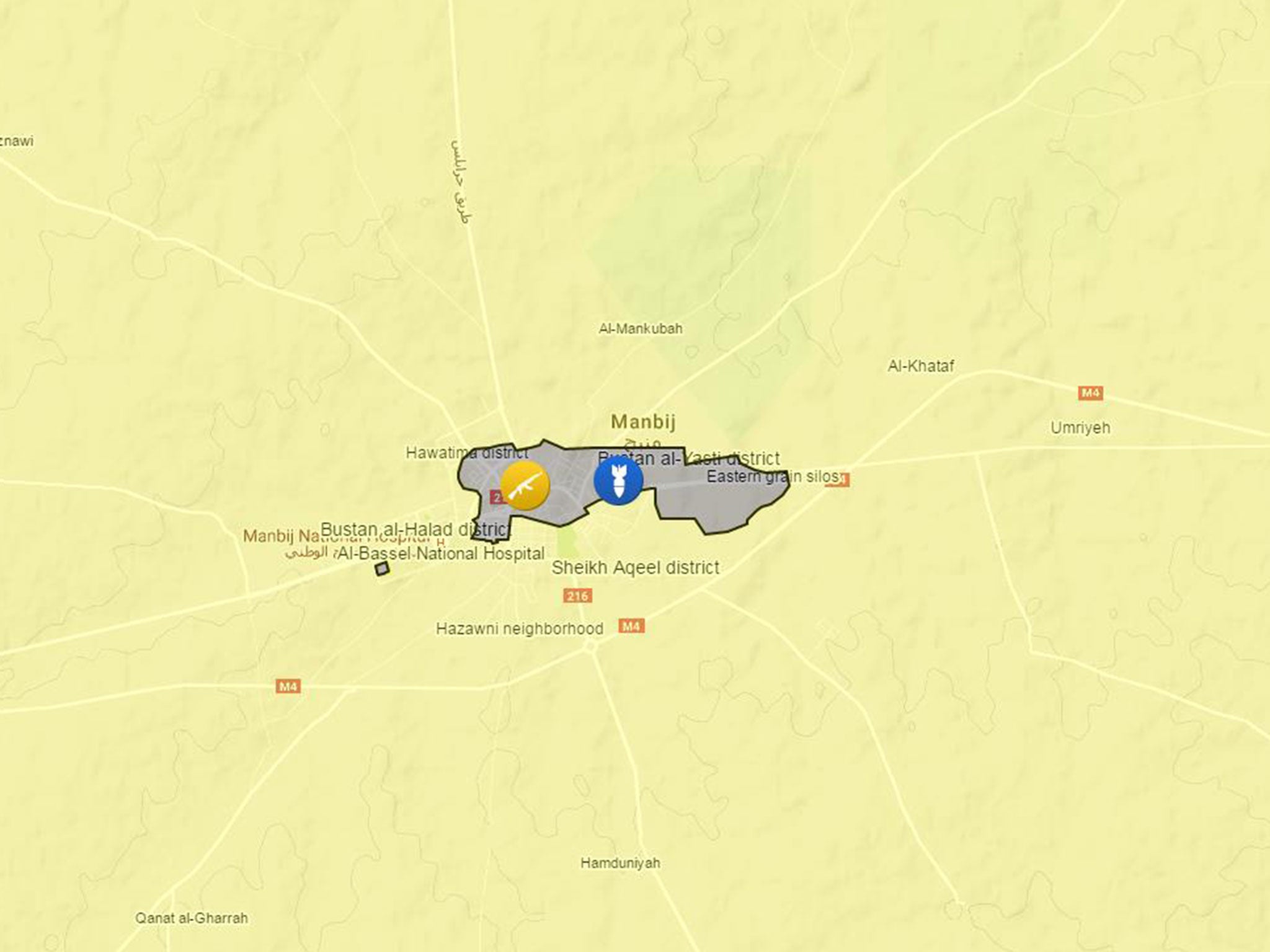 A map showing the siege of Isis areas on Manbij, in black, by the SDF, in yellow, on 5 August