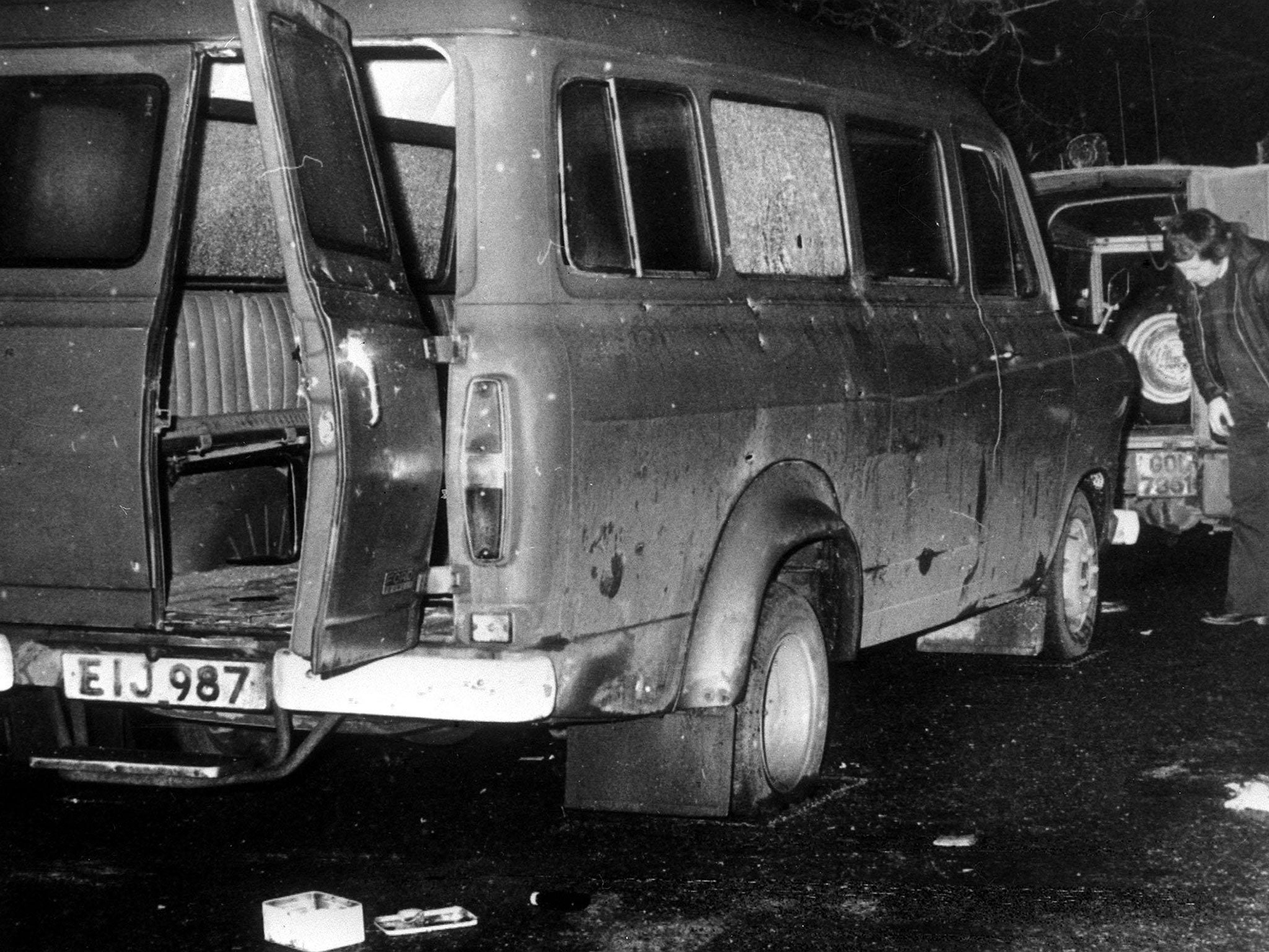 The bullet-riddled minibus found near Whitecross in South Armagh where ten Protestant workmen were shot dead
