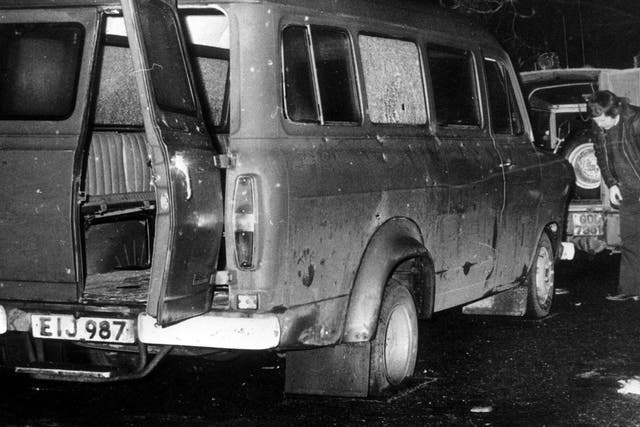 The bullet-riddled minibus found near Whitecross in South Armagh where ten Protestant workmen were shot dead