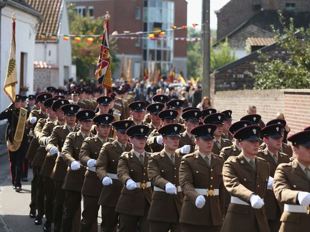 Soldiers of the British Mercian Regiment, 1st Battalion, at a ceremony commemorating World War I in 2014