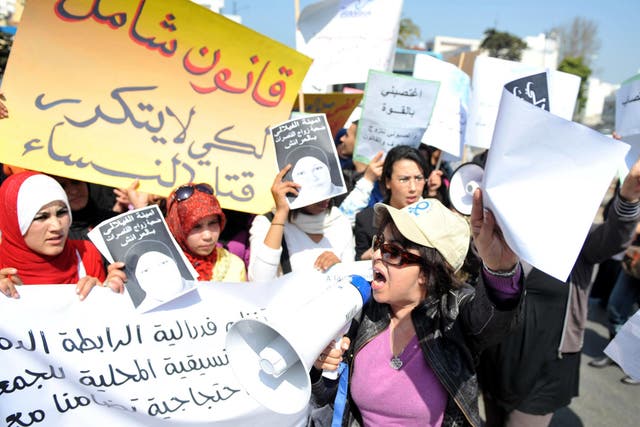 Fouzia Assouli president of Morocco's Democratic League for Women's Rights during a sit-in protest outside the local court in Larache over Amina al-Filali, 16, who drank rat poison after being forced to marry the man who raped her