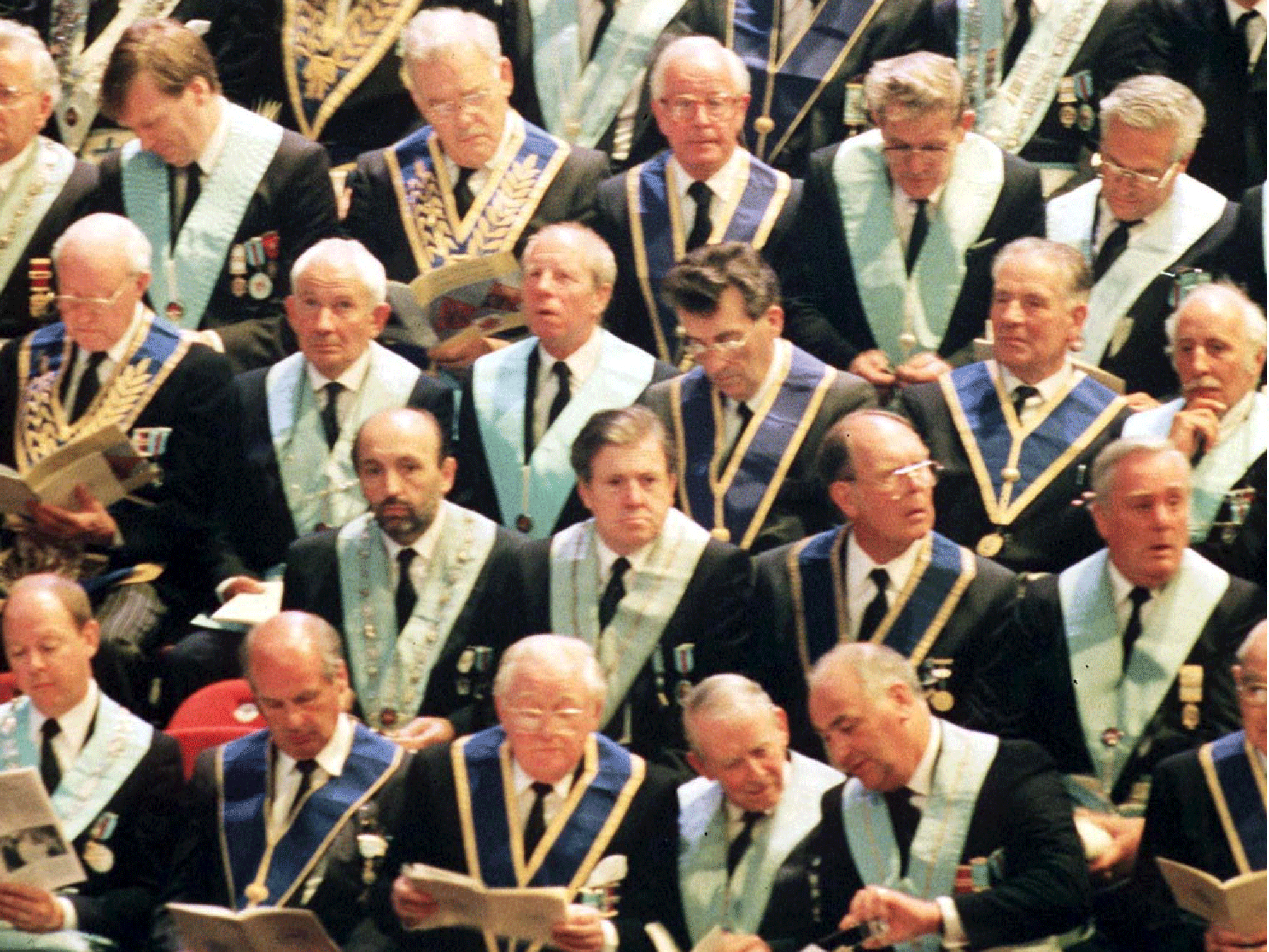 Freemasons gather at Earls Court in 1992 to celebrate the 275th anniversary of the formation of the first Grand Lodge