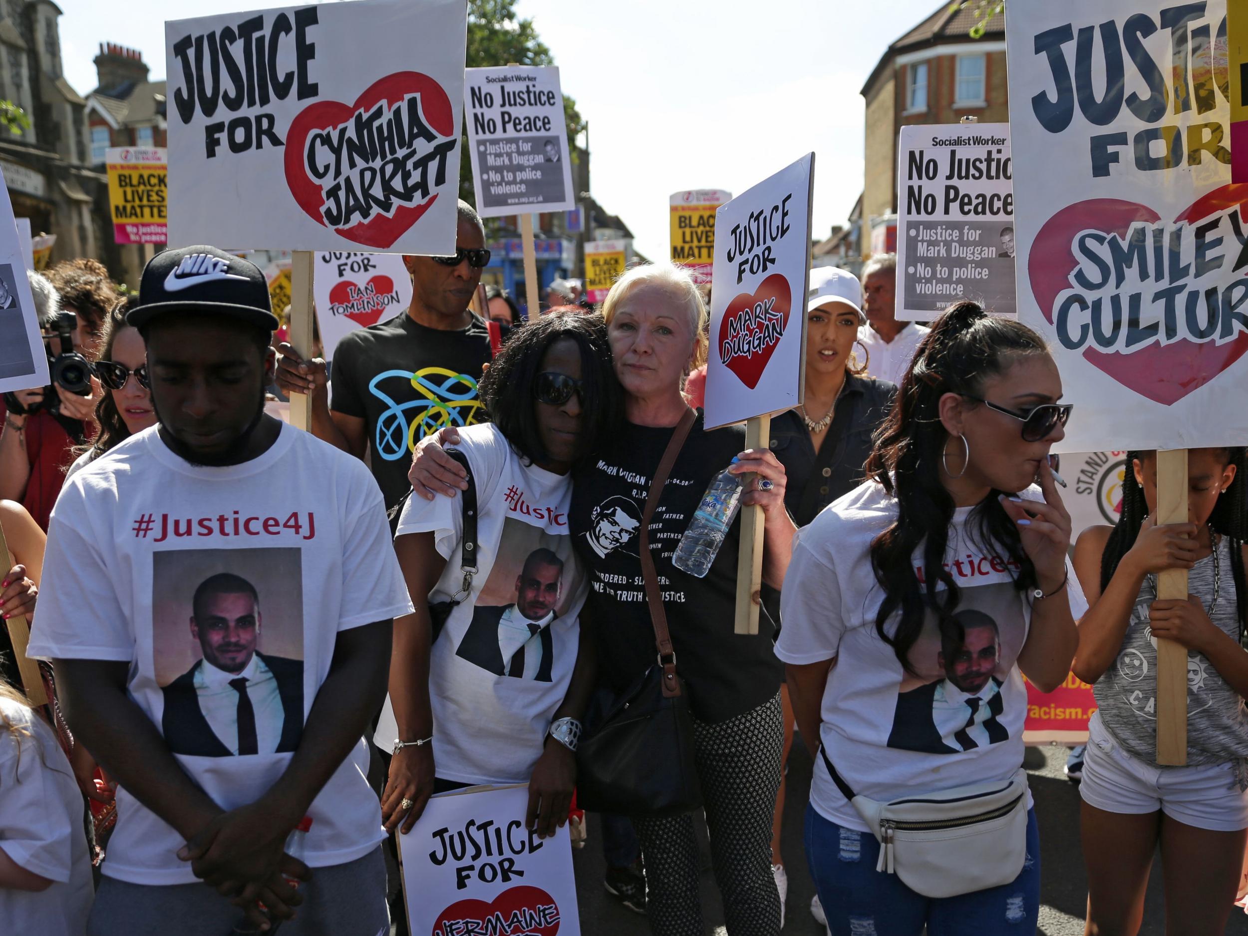 Friends and family of Mark Duggan and other police shooting victims marched in Tottenham, north London, yesterday