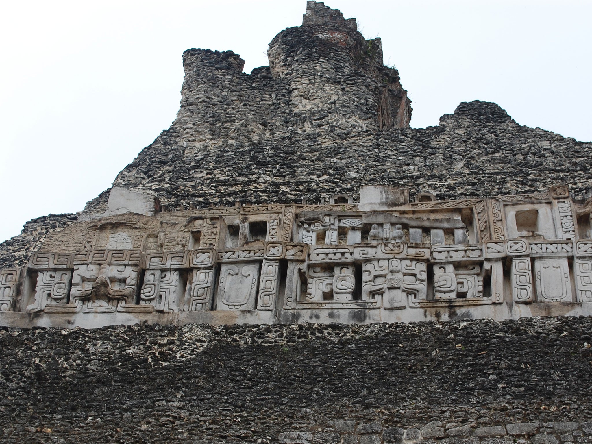 Carvings on a pyramid at Xunantunich, Belize. A royal tomb thought to belong to the ‘snake dynasty’ has been found in the ancient city