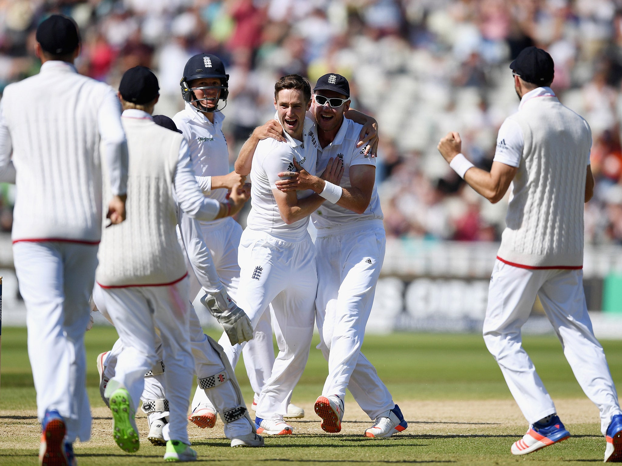 Chris Woakes celebrates after taking a wicket on the final day of the Test against Pakistan