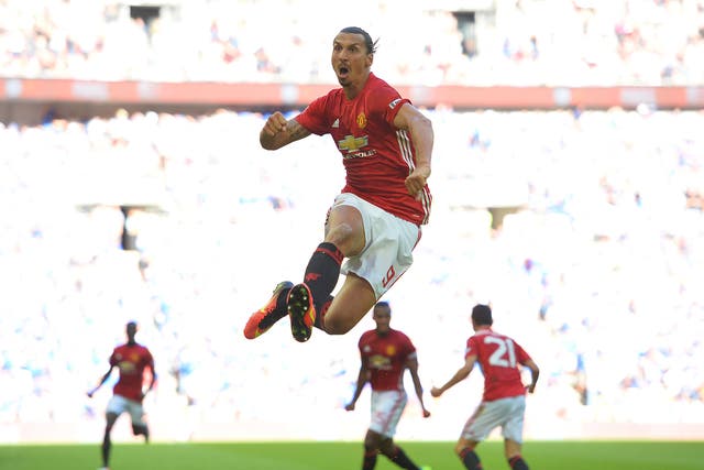 Zlatan Ibrahimovic celebrates after scoring the winning goal for Manchester United